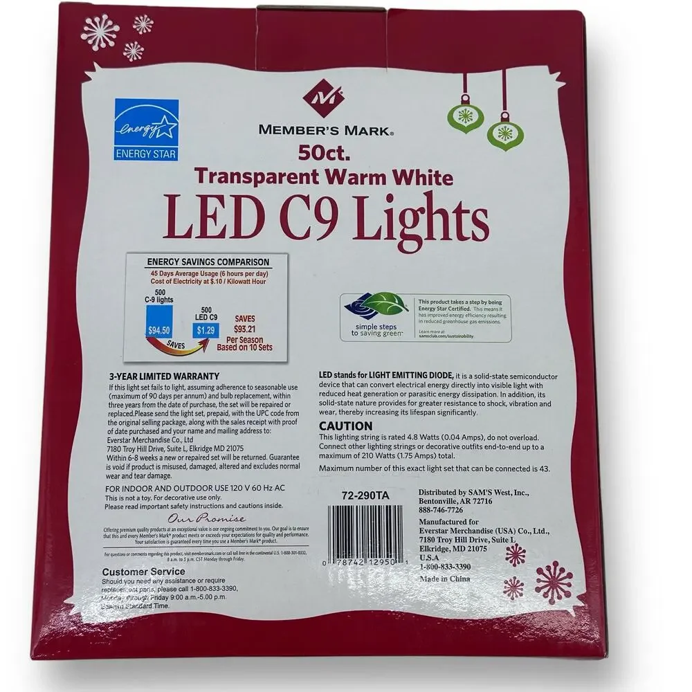 Member's Mark 50 ct. Transparent Warm White LED C9 String Lights 21' Christmas